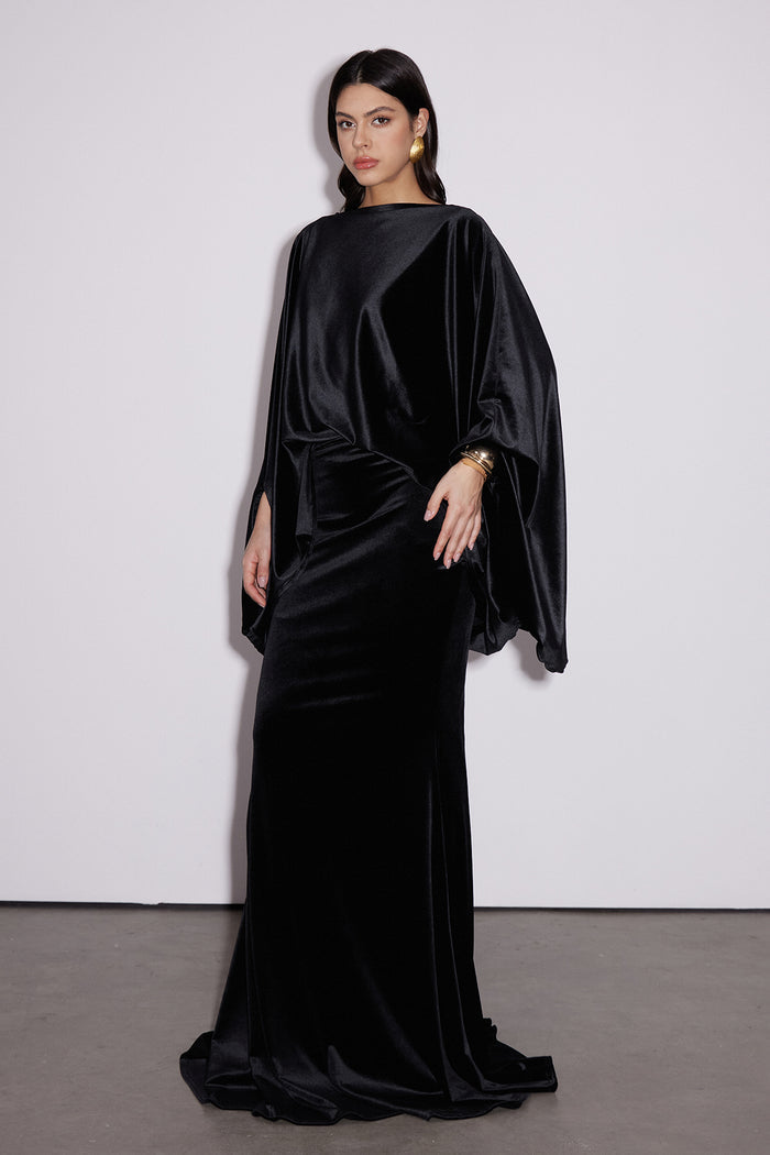 Dixon Cape Sleeve Velvet Skirt Set In Black