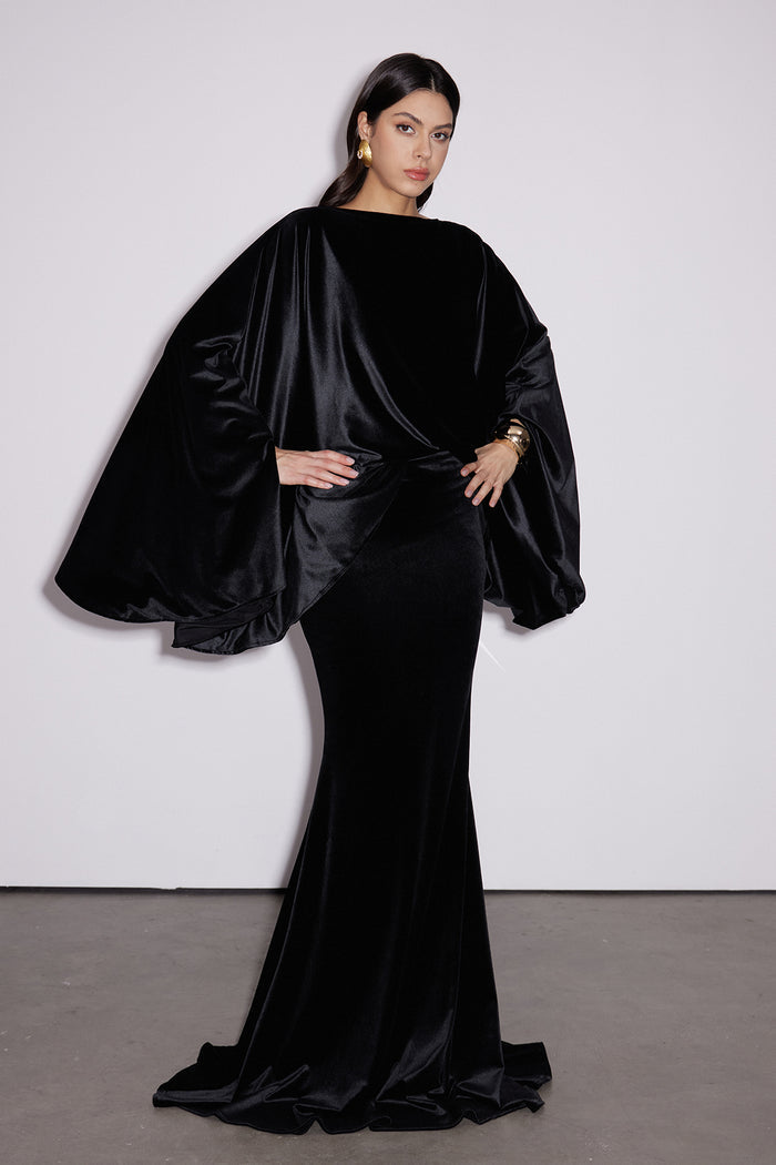 Dixon Cape Sleeve Velvet Skirt Set In Black