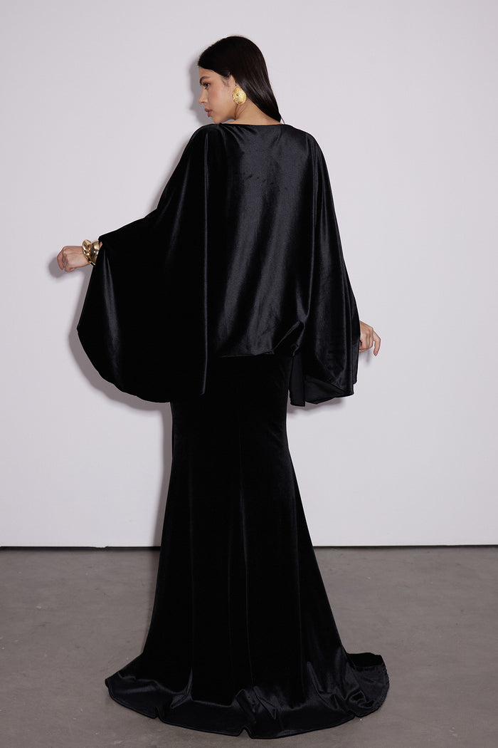 Dixon Cape Sleeve Velvet Skirt Set In Black