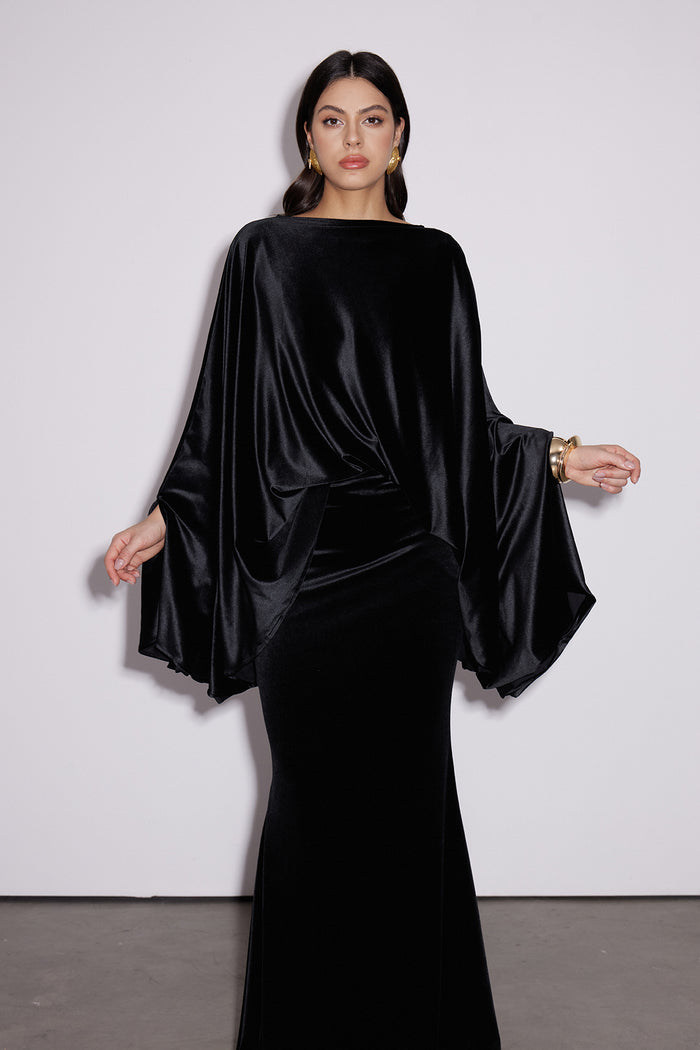 Dixon Cape Sleeve Velvet Skirt Set In Black