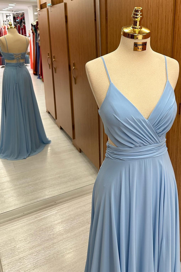 Dusty Blue Chiffon Lace-Up A-Line Long Bridesmaid Dress