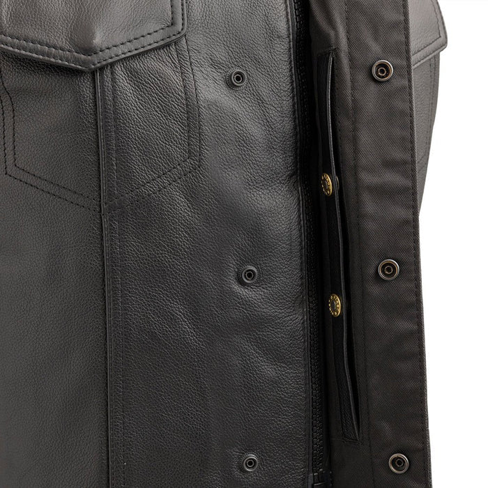 Sniper leather vest covered snaps and cropped center zipper detail