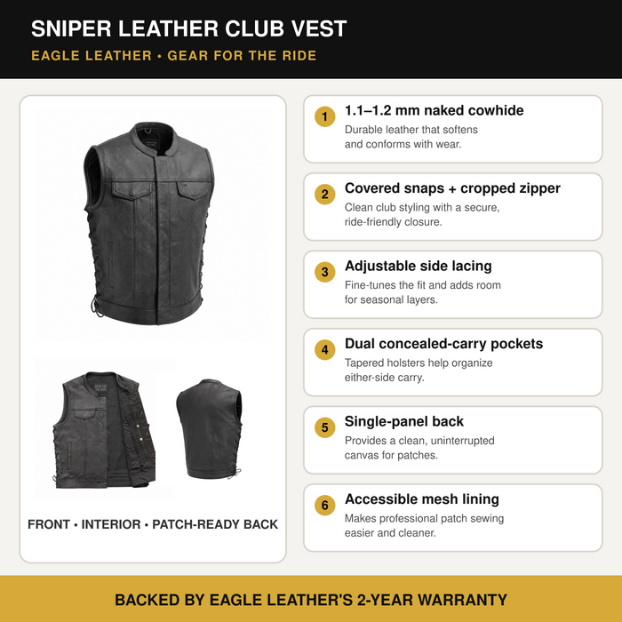 Eagle Leather Sniper vest features and rider benefits overview