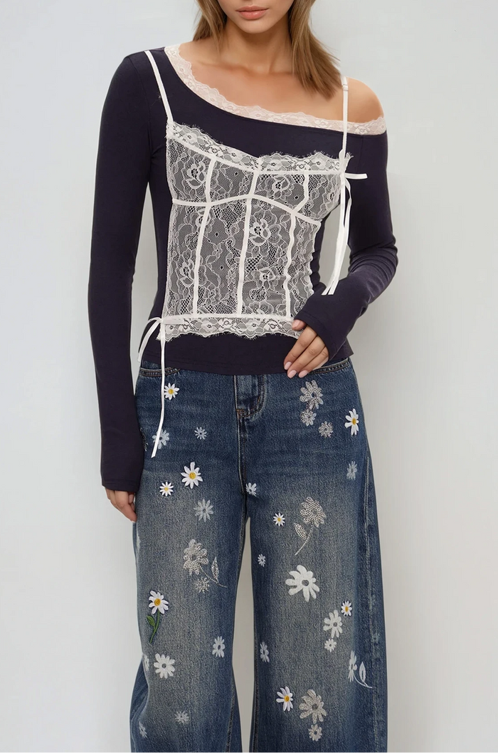 Eini One Shoulder Lace Top In Black