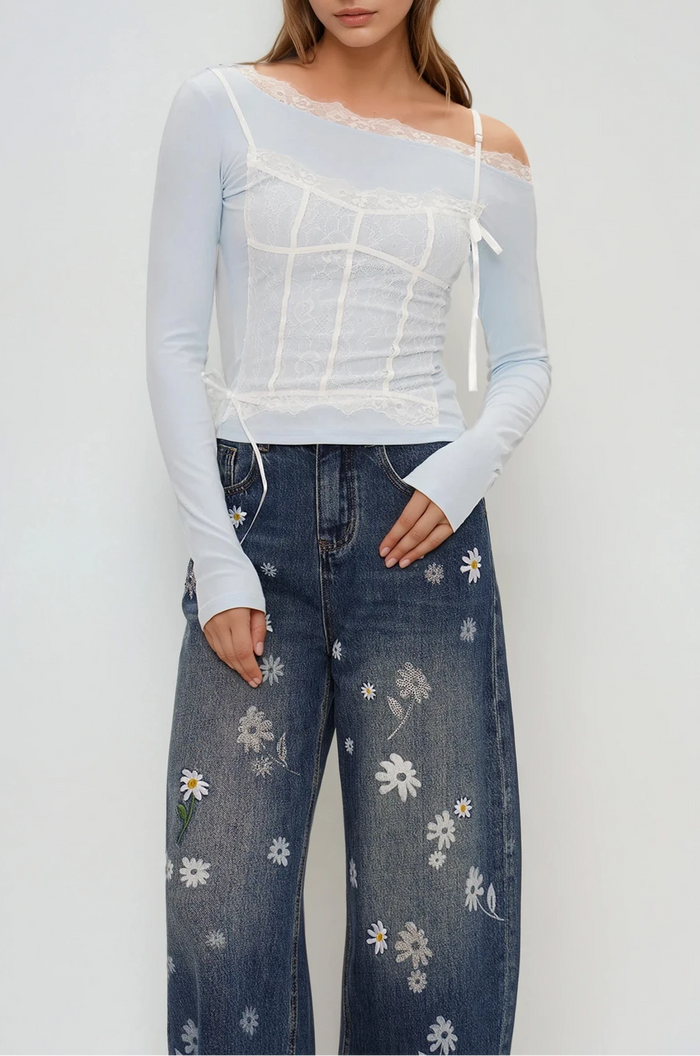 Eini One Shoulder Lace Top In Blue