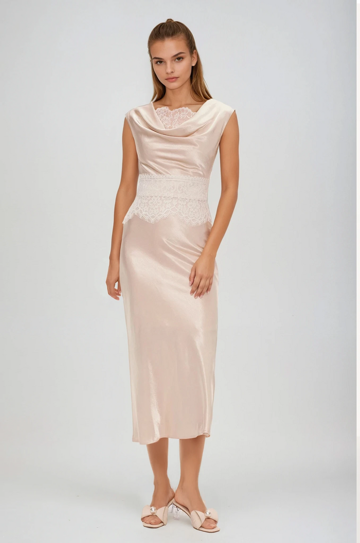 Einion Cowl Neck Lace Satin Skirt Set