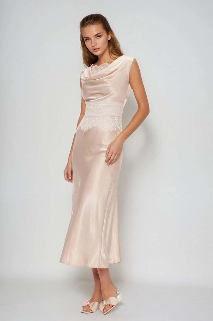 Einion Cowl Neck Lace Satin Skirt Set