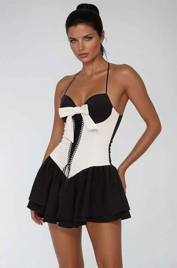 Eitan Lace Up Corset Ruffle Mini Dress