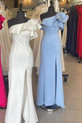 Elegant One-Shoulder Ruffles Mermaid Mother's Gown with Slit