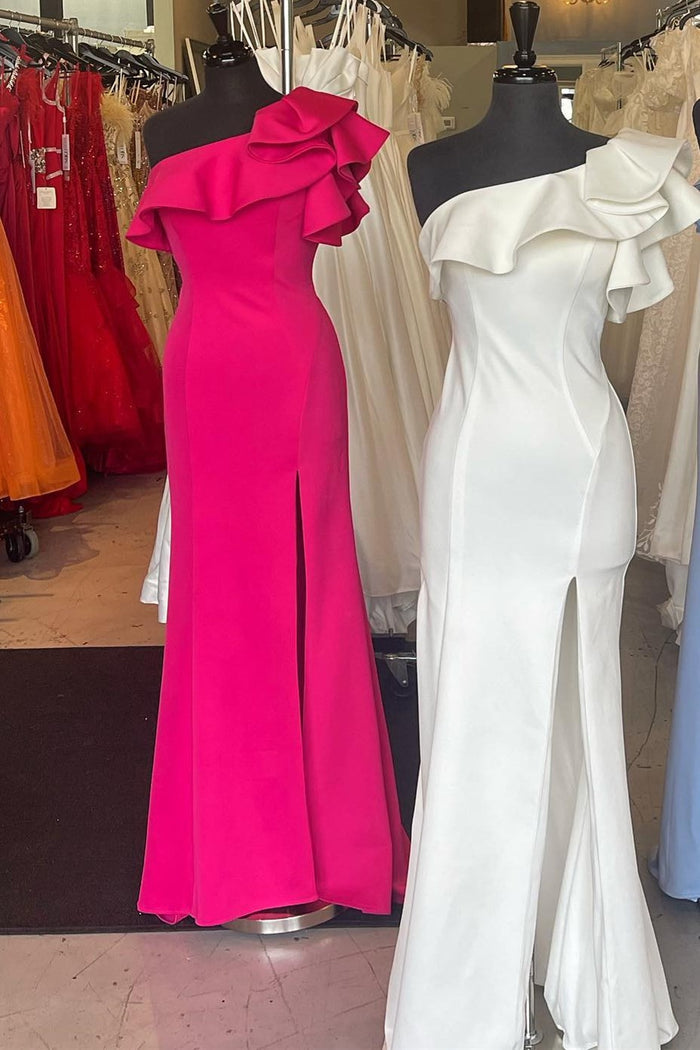 Elegant One-Shoulder Ruffles Mermaid Mother's Gown with Slit