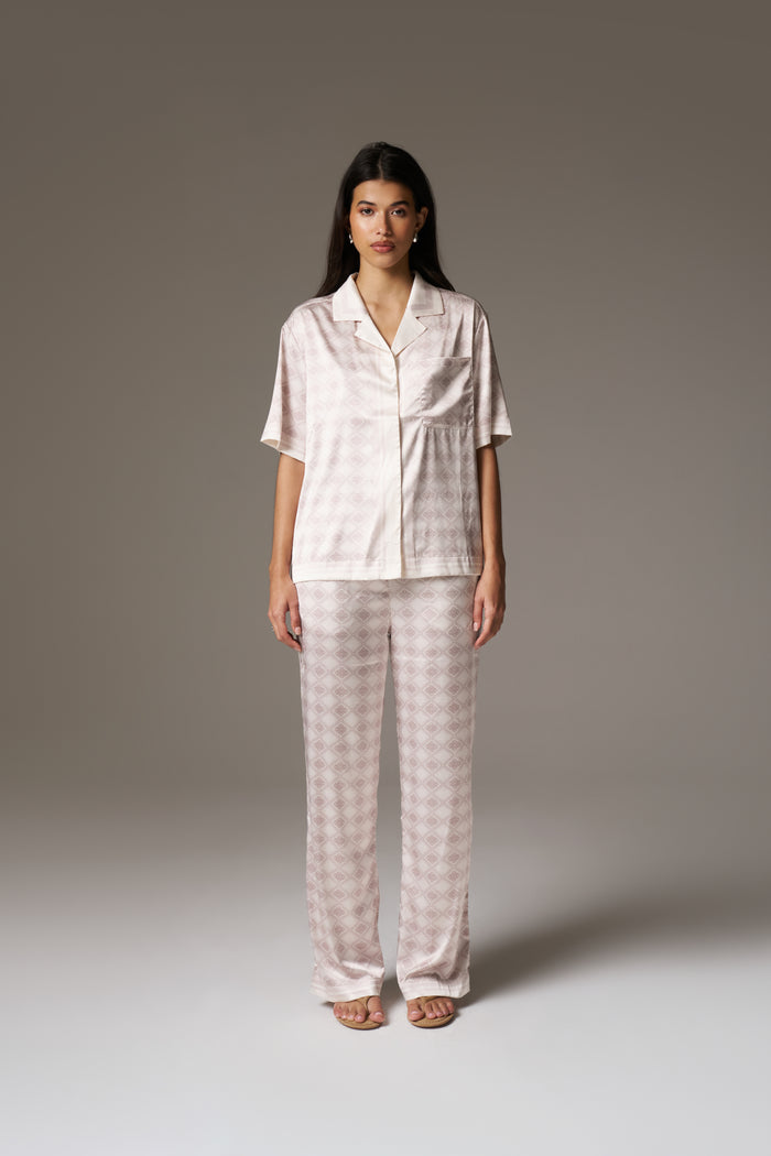 EMBLEM PRINT WIDE LEG TROUSERS - BEIGE