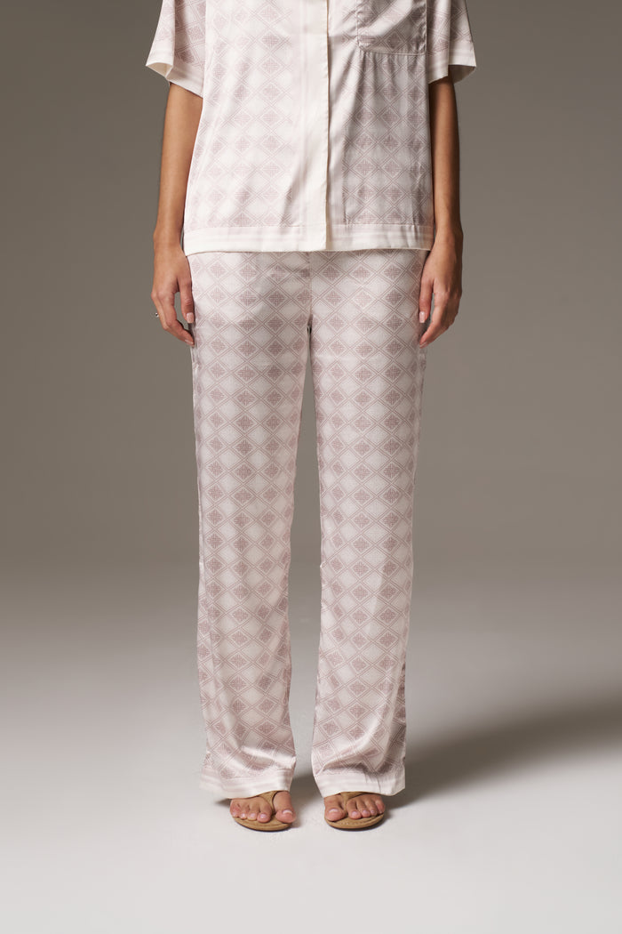 EMBLEM PRINT WIDE LEG TROUSERS - BEIGE
