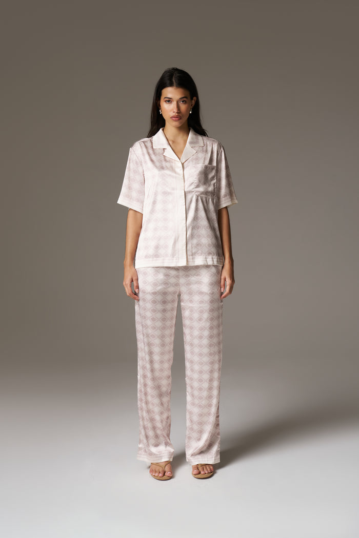 EMBLEM PRINT WIDE LEG TROUSERS - BEIGE