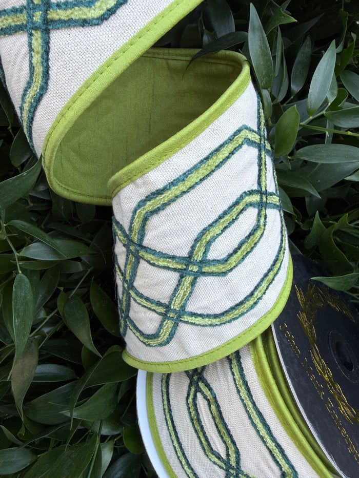 EMBR GEO CANVAS/DUPION FUSED/PIPING 4"X5YD NAT/GREEN HEAVY WIRED RIBBON