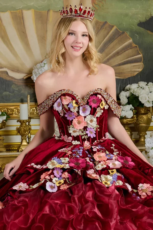 Embroidery Off Shoulder Velvet Quinceanera Dress by Elizabeth K - GL3638