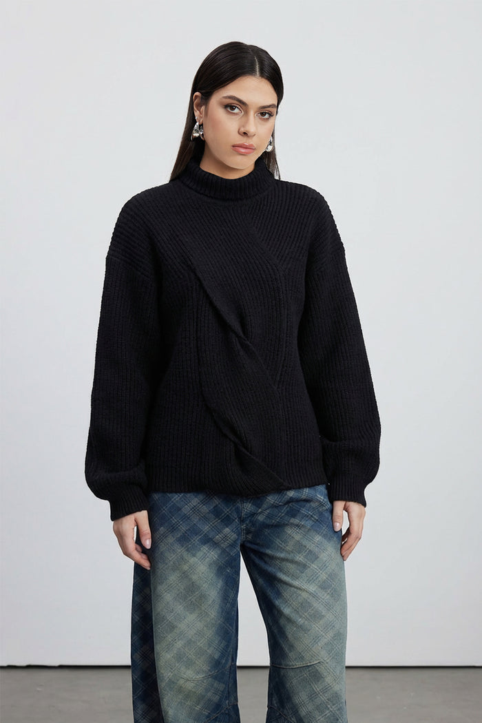 Emel Turtleneck Twist Knit Top In Black