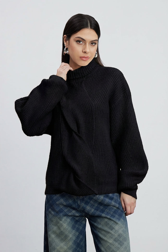 Emel Turtleneck Twist Knit Top In Black