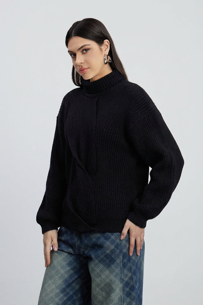 Emel Turtleneck Twist Knit Top In Black