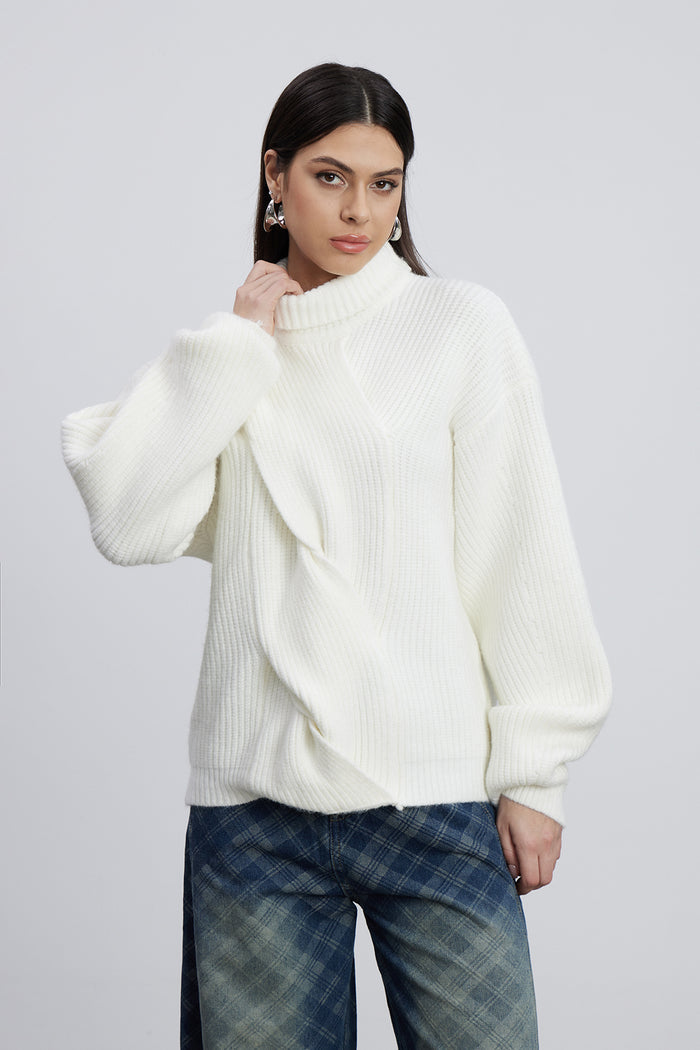 Emel Turtleneck Twist Knit Top In White