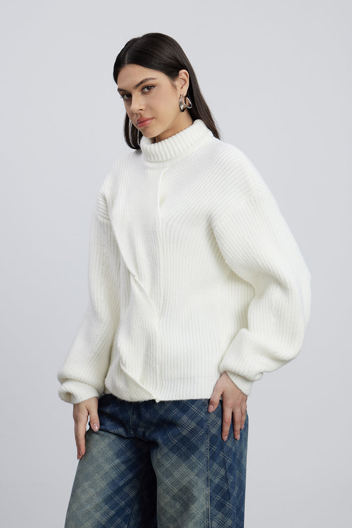 Emel Turtleneck Twist Knit Top In White