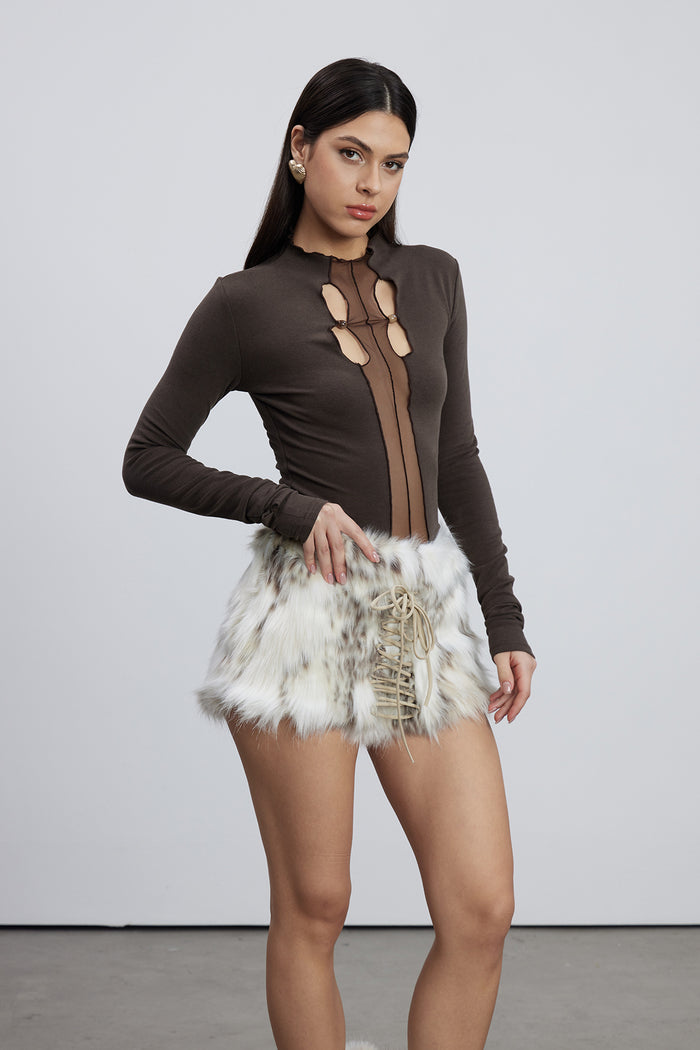 Emelina Mesh Cutout Top In Brown