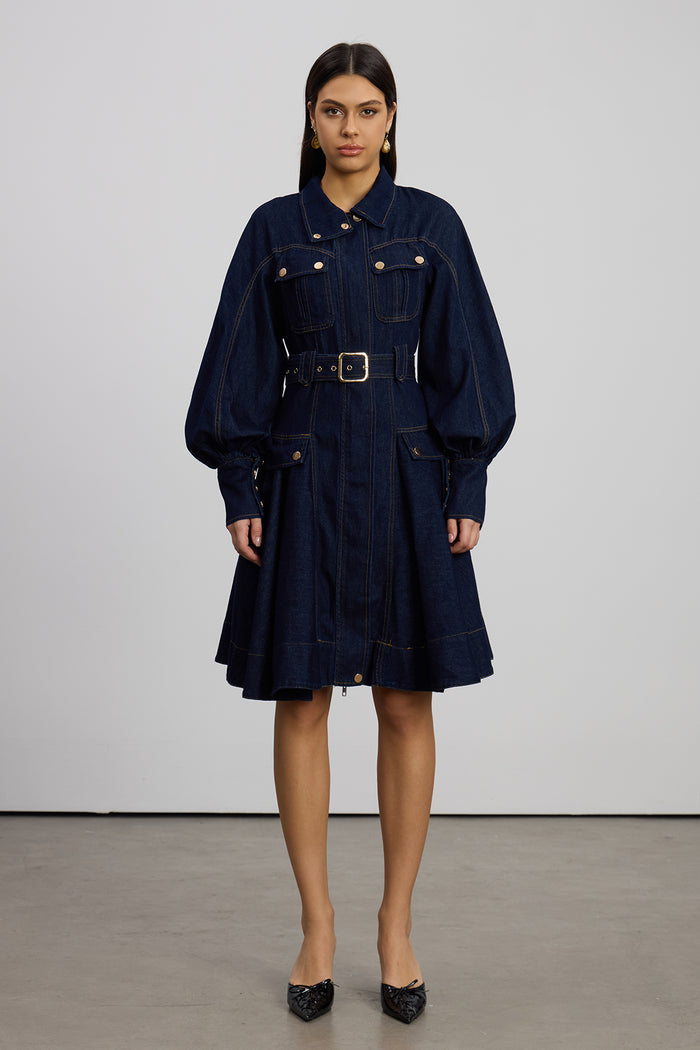 Emerentius Balloon Sleeve Denim Mini Dress In Dark Wash