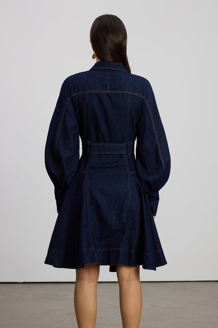 Emerentius Balloon Sleeve Denim Mini Dress In Dark Wash