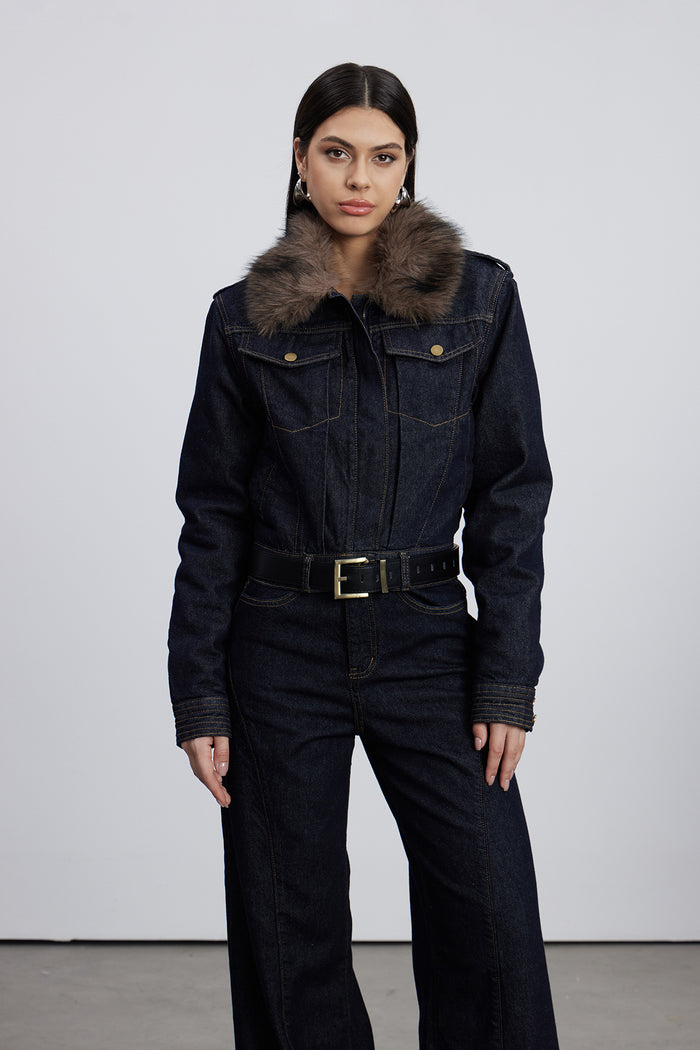 Emeterio Faux Fur Denim Pants Set In Dark Wash