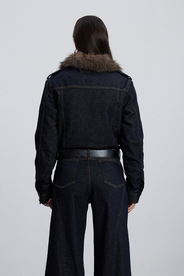 Emeterio Faux Fur Denim Pants Set In Dark Wash