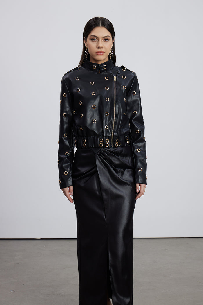 Emeterius Eyelet Leather Jacket In Black