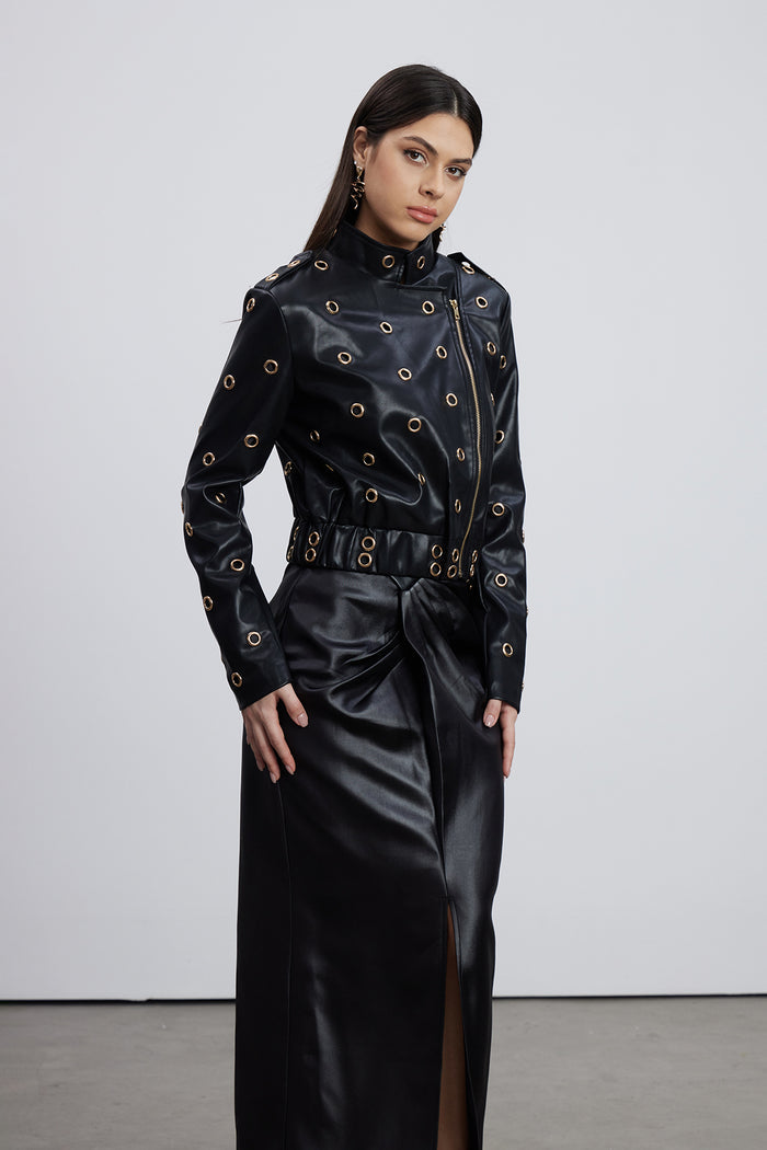 Emeterius Eyelet Leather Jacket In Black