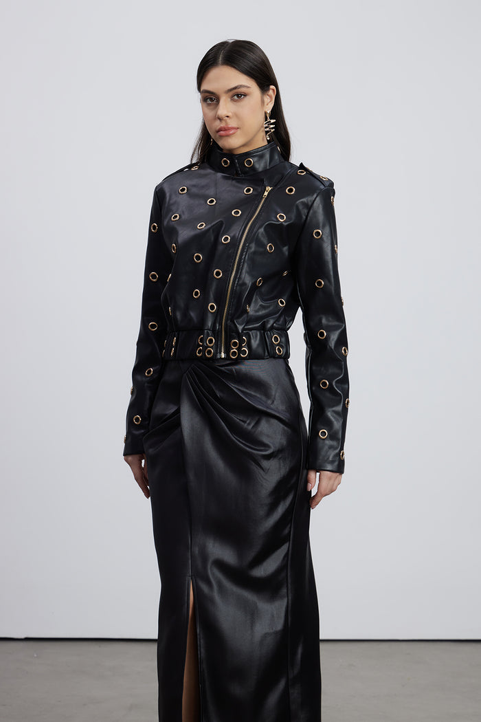 Emeterius Eyelet Leather Jacket In Black