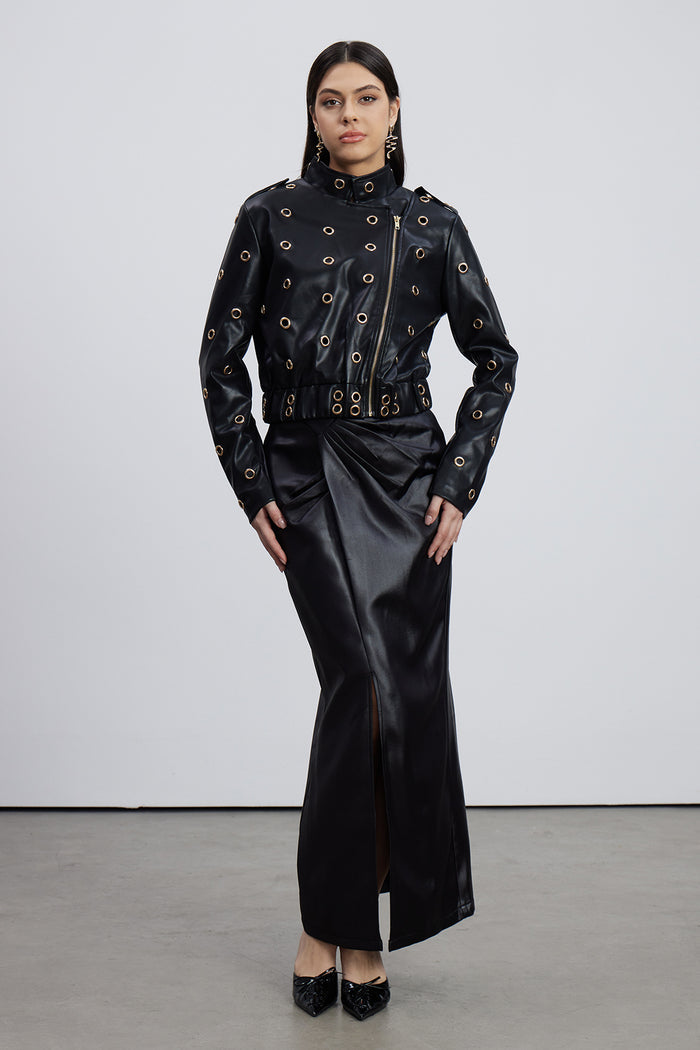 Emeterius Eyelet Leather Jacket In Black