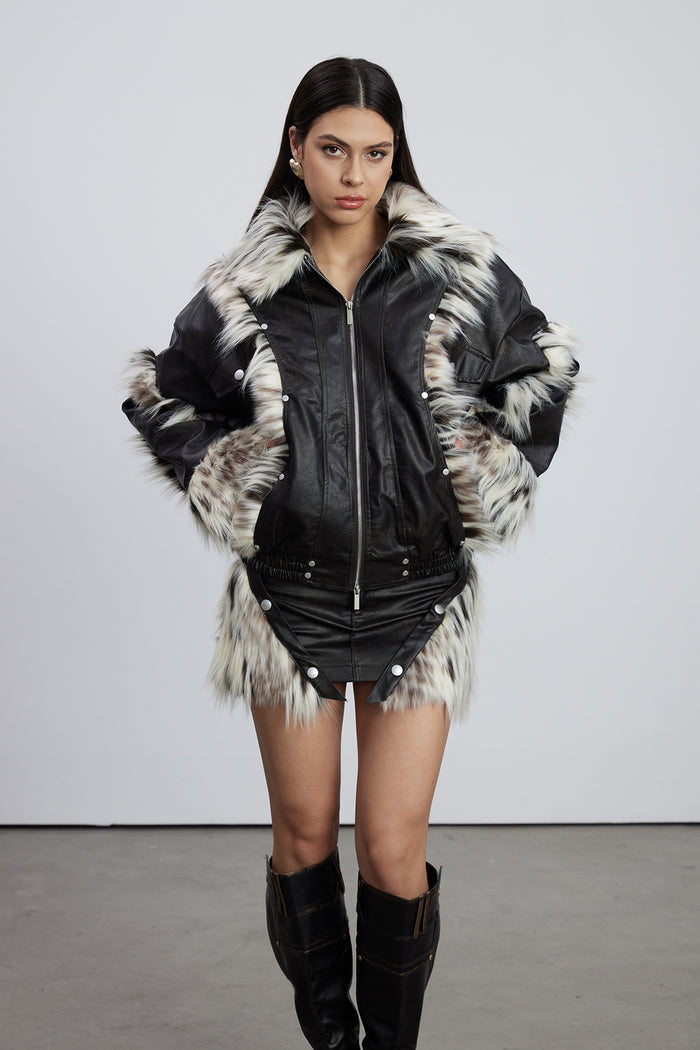 Emilee Faux Fur Deconstruct Leather Skirt Set