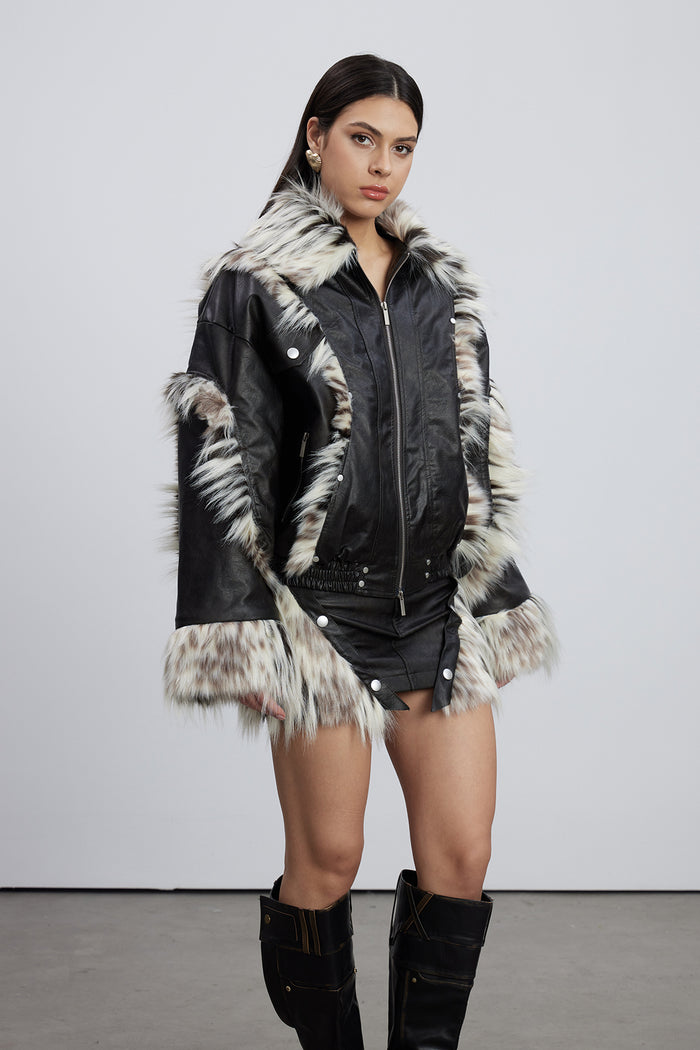 Emilee Faux Fur Deconstruct Leather Skirt Set