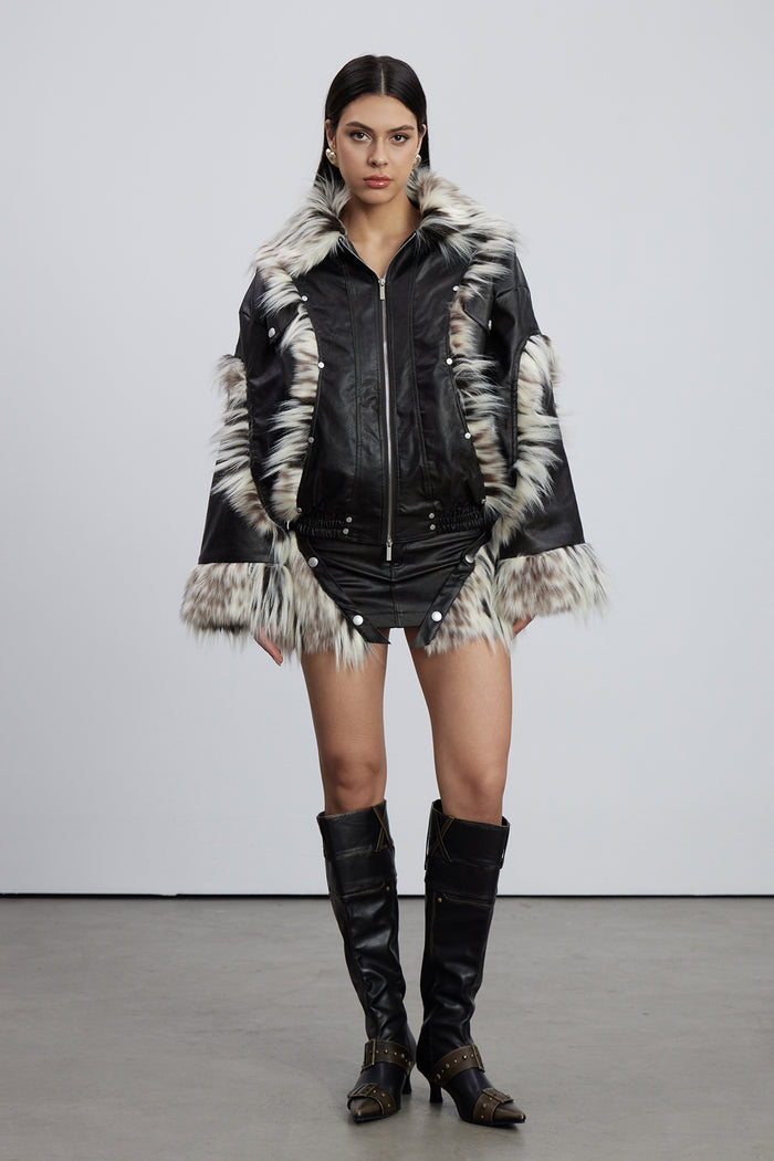 Emilee Faux Fur Deconstruct Leather Skirt Set