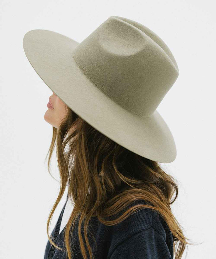 Person wearing a sage colored wide brim fedora hat and a blue sweater, looking sideways against a plain background #color_sage