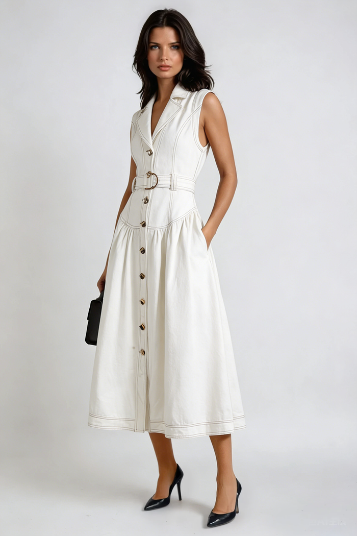 Emmanuel Sleeveless Denim Midi Dress In White