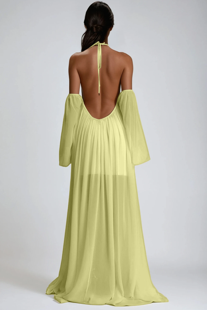 Emmanuele Backless Balloon Sleeve Maxi Dress In Butter Yellow