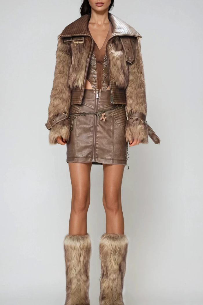 Emmeline Faux Fur Funnel Neck Jacket In Brown