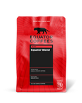 Red Equator Coffees bag for Equator Blend with a black tasting notes panel.