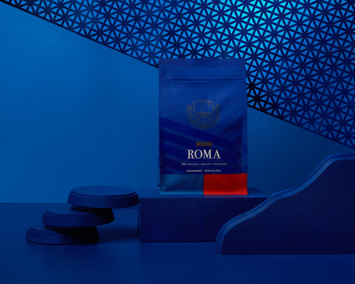 Parisi Roma espresso bag displayed on a blue pedestal with a geometric lattice backdrop