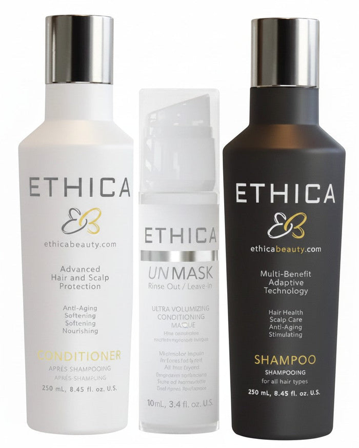 Hair Care Canada Ethica Beauty Shampoo & Conditioner Trio with Unmask mask. White conditioner, clear mask, black shampoo bottles.