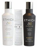 Hair Care Canada Ethica Beauty Shampoo & Conditioner Trio with Unmask mask. White conditioner, clear mask, black shampoo bottles.