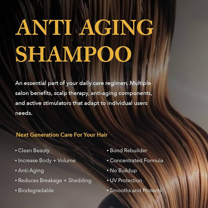 Advertisement for anti-aging shampoo with text and a close-up of hair.