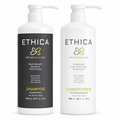 Two white pump bottles of ETHICA beauty hair care products on a white background: a black-labeled Shampoo bottle on the left and a white-labeled Conditioner bottle on the right - Hair Care Canada