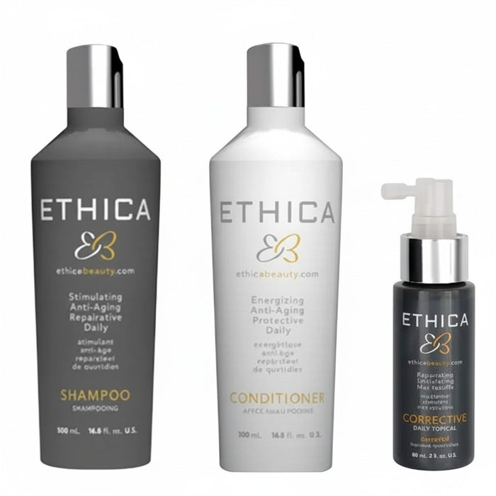 Hair Care Canada Ethica Hair Care Trio: shampoo, conditioner, and corrective topical for strength, repair, and growth.