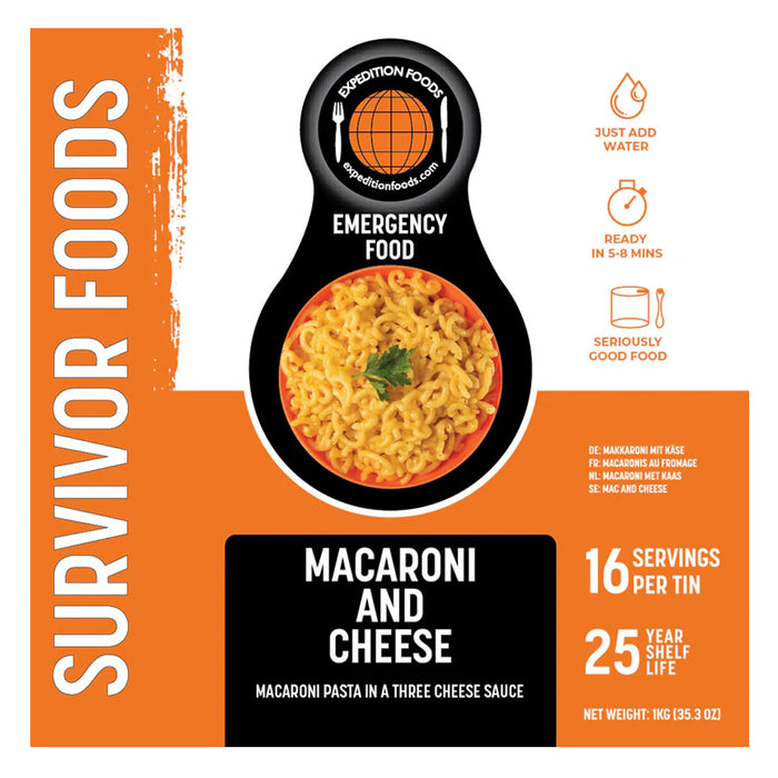 Expedition Foods Survivor range of freeze dried macaroni cheese label