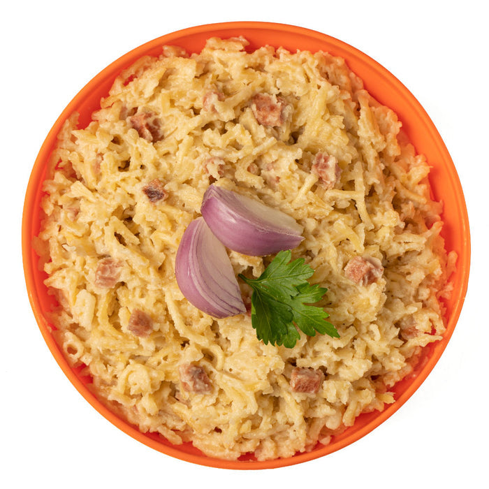 Expedition Foods Survivor Range of freeze dried spaghetti carbonara rehydrated and served in a bowl