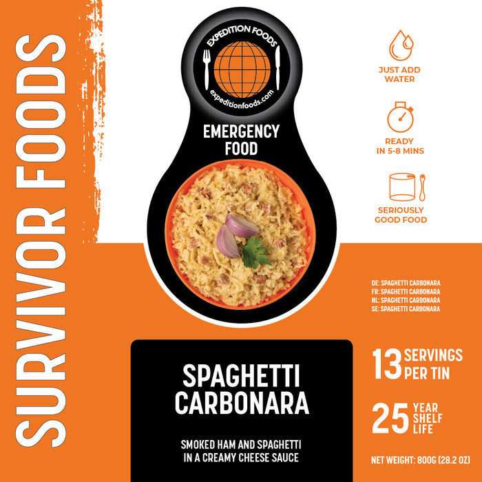 Tin label for Expedition Foods Survivor Range of freeze dried spaghetti carbonara